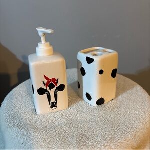 Cow Print Soap Dispenser and Toothbrush Holder Set ceramic new